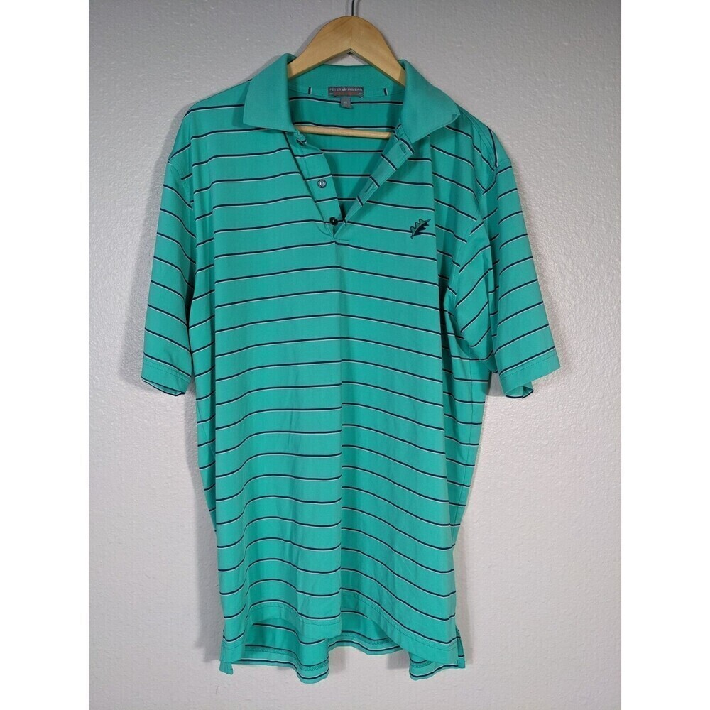 Peter Millar Polo Shirt Mens XL Teal Striped Summer Embroidered Leaf‎ N21